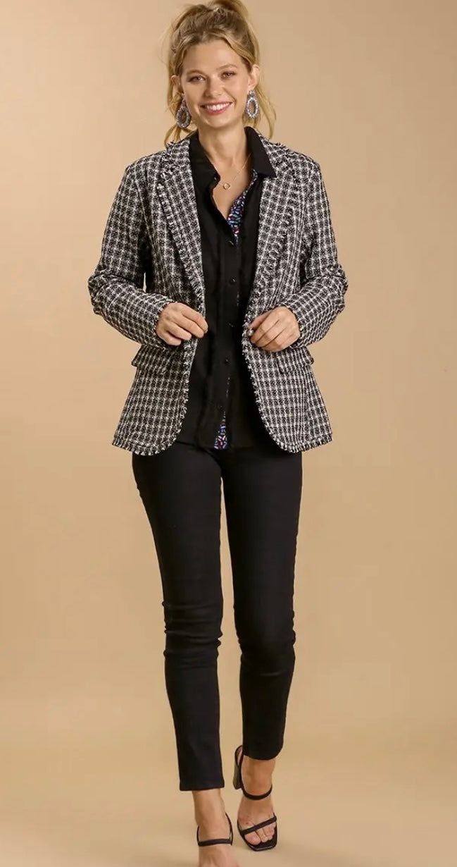 Plaid tweed blazer with pearl buttons