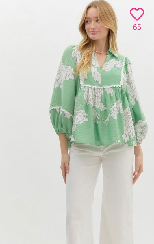 Unveil Nature’s Whisper with this Mint Floral Print 3/4 Sleeve Top