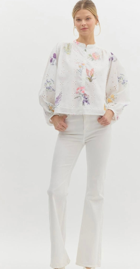 Multi Color Floral Print Eyelet Top Perfect for Spring