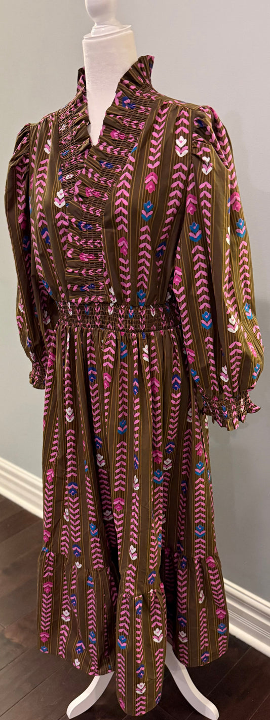 Brown and pink floral fusion midi dress