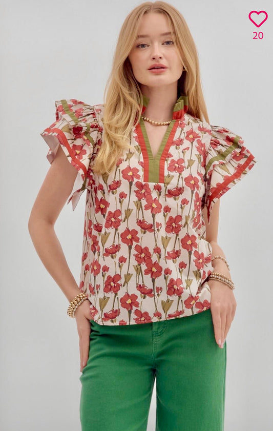 Floral print flutter sleeve
