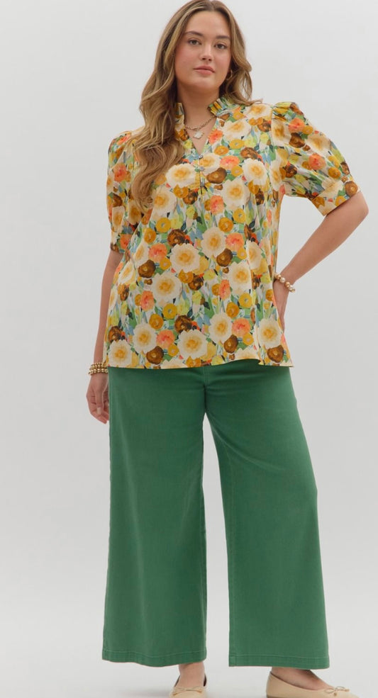 Fall Floral Top with Pleated V Neck