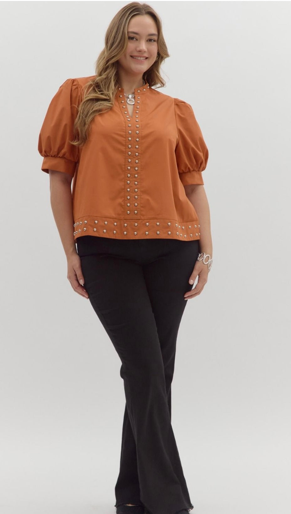 Pumpkin spice top with stud detail in plus sizes