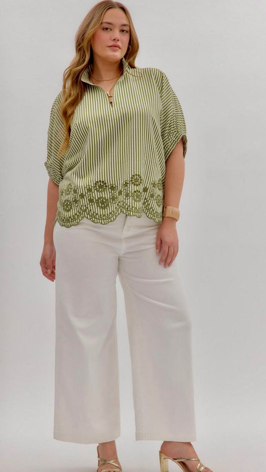 Olive striped dolman sleeve in plus sizes