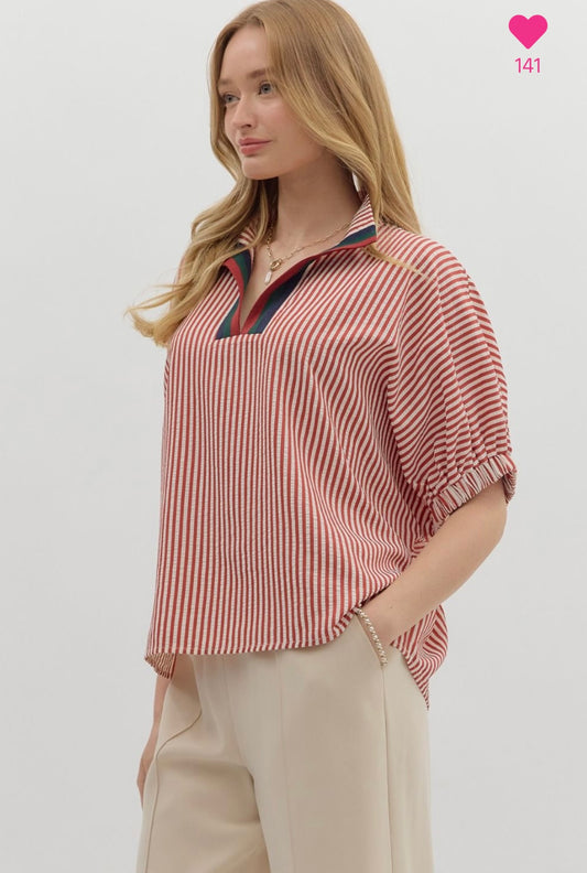 Striped dolman sleeve with contrast neck
