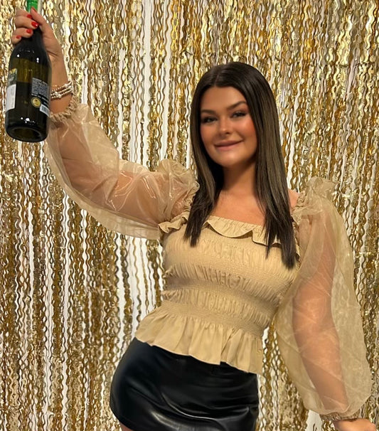 “Delaynie Smocked Top”, Taupe color