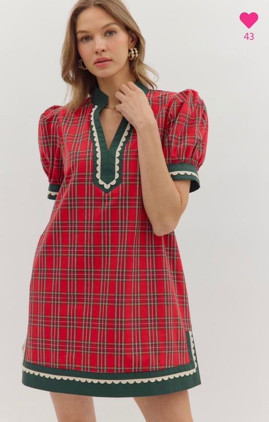 Red plaid dress with green trim