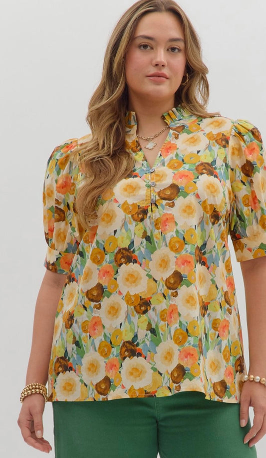 Fall Floral Top with Pleated V Neck