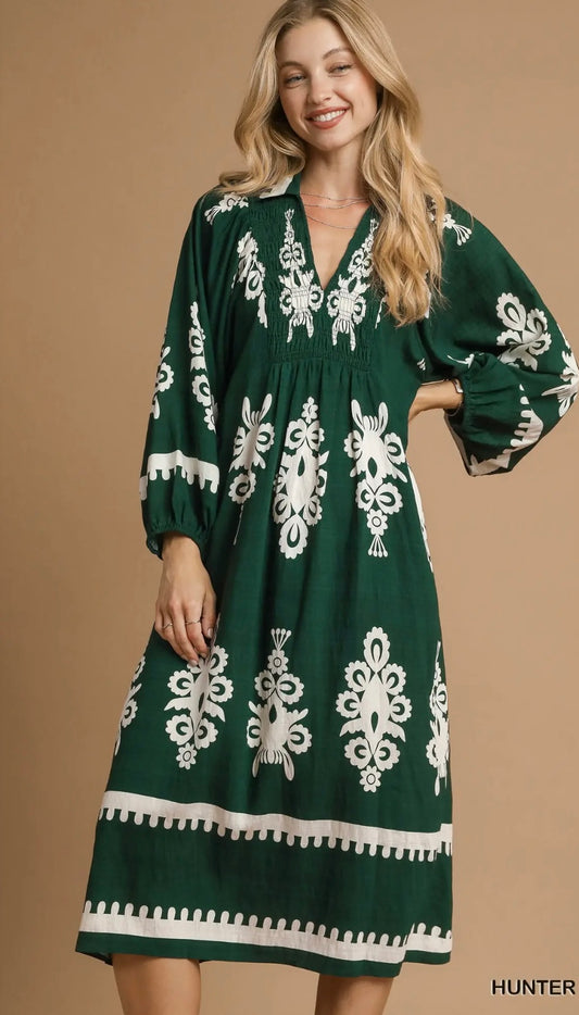 Hunter green border print midi