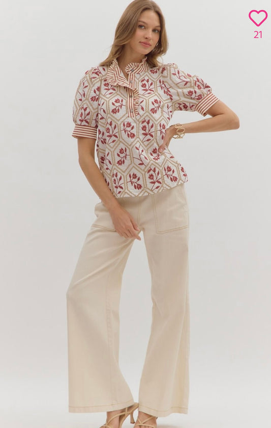 Embroidered top in Brick