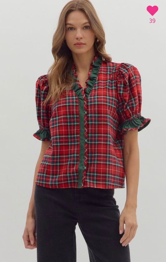 Red plaid shirt with green trim