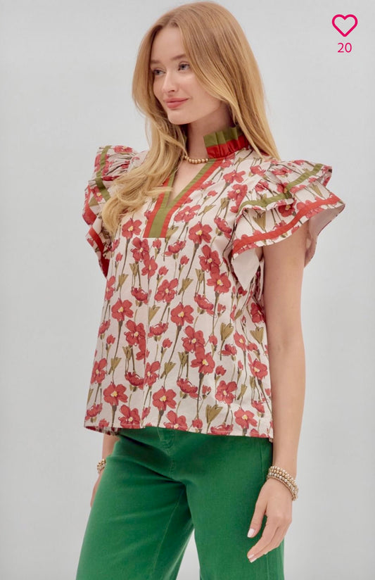 Floral print flutter sleeve