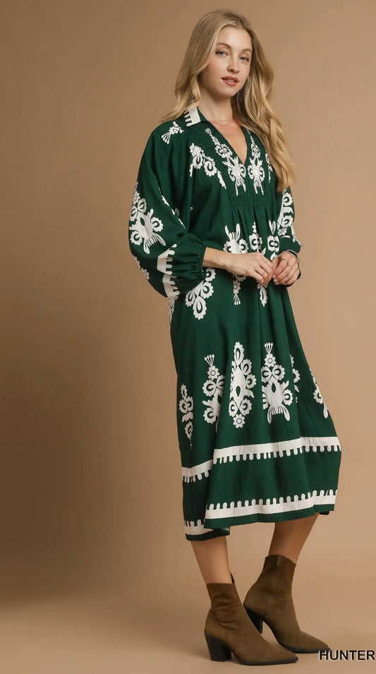 Hunter green border print midi