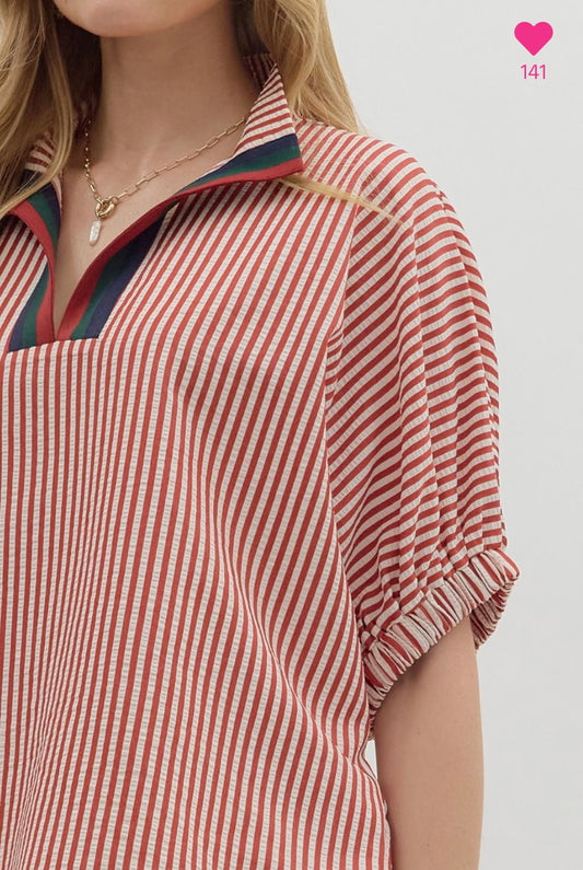 Striped dolman sleeve with contrast neck