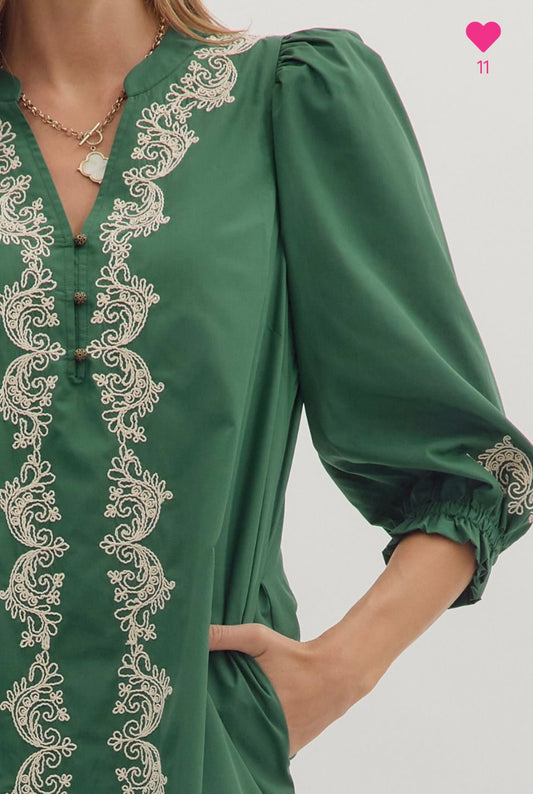 Hunter green embroidered dress