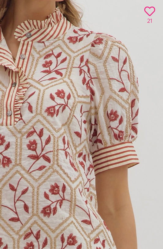 Embroidered top in Brick