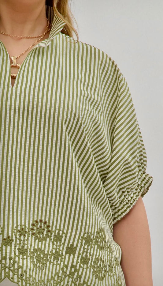 Olive striped dolman sleeve in plus sizes