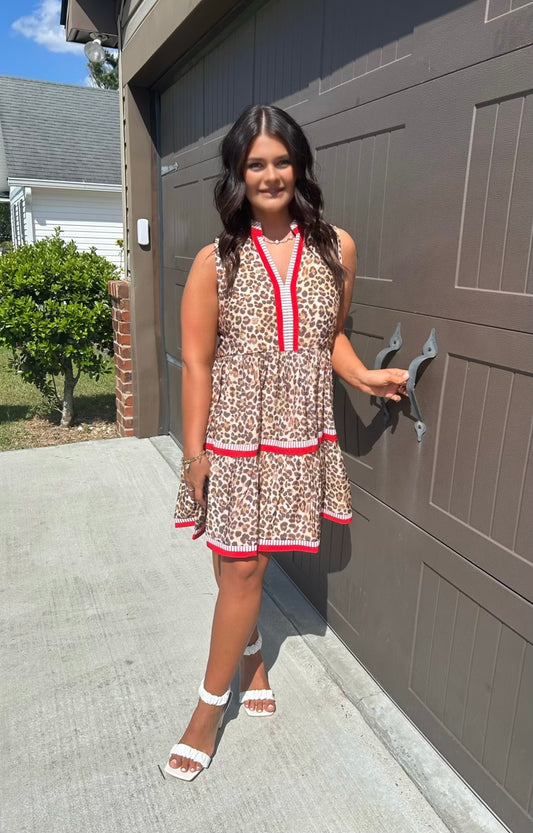 Trending leopard dress with red and white stripes