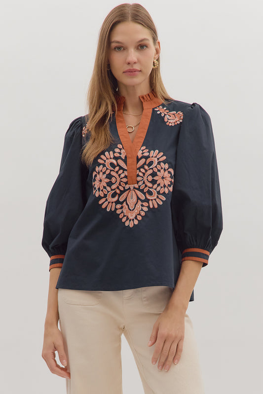 Navy 3/4 sleeve with rust embroidery