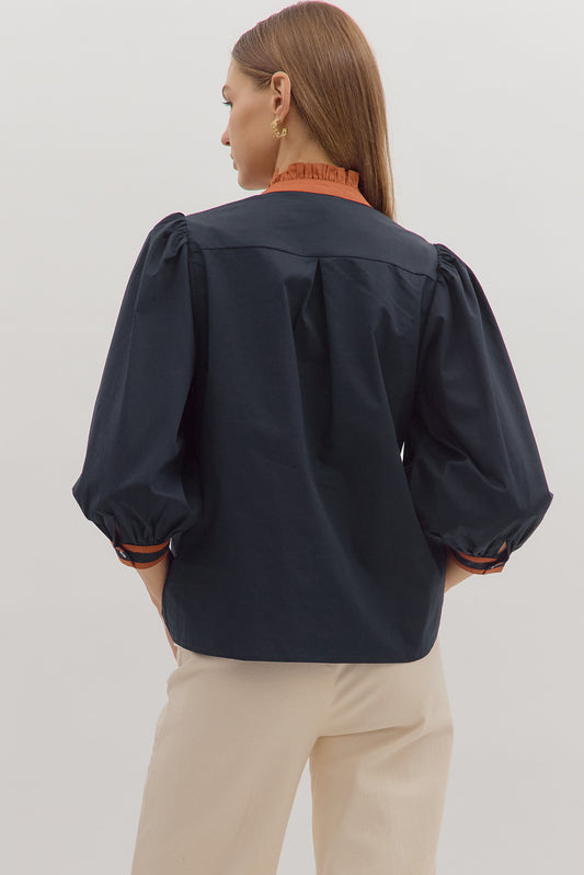 Navy 3/4 sleeve with rust embroidery