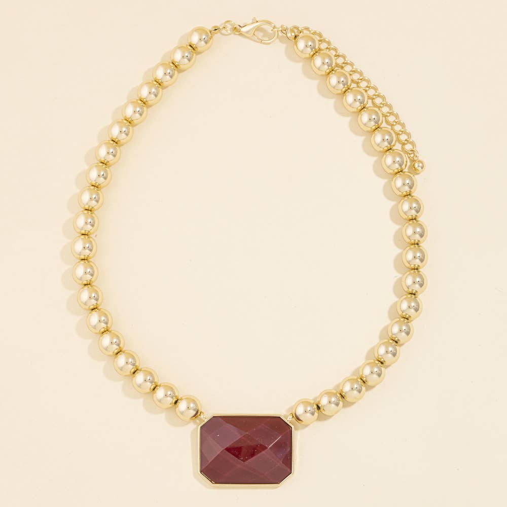 Bead Chain Necklace With Faceted Stone Pendant