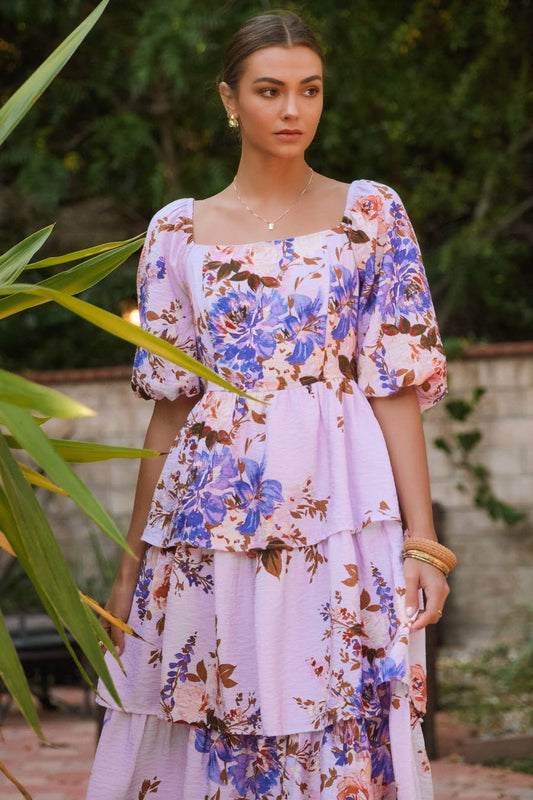 Printed Square Neck Tired Midi Dress