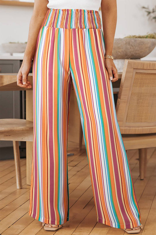 Striped Smocked High Waist Wide Leg Pants | S-XL