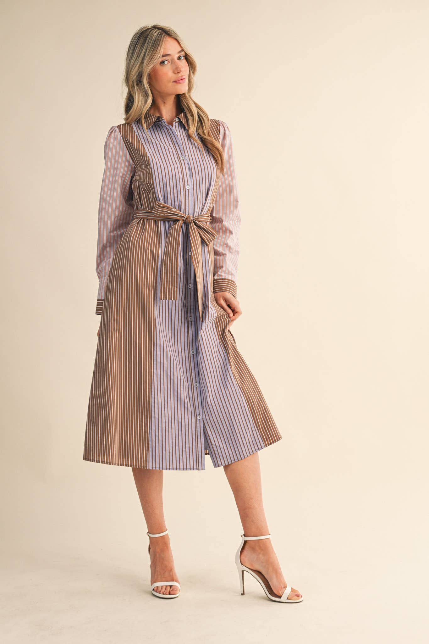 MIXED STRIPE BELTED BUTTON DOWN MIDI DRESS