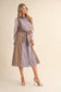 MIXED STRIPE BELTED BUTTON DOWN MIDI DRESS
