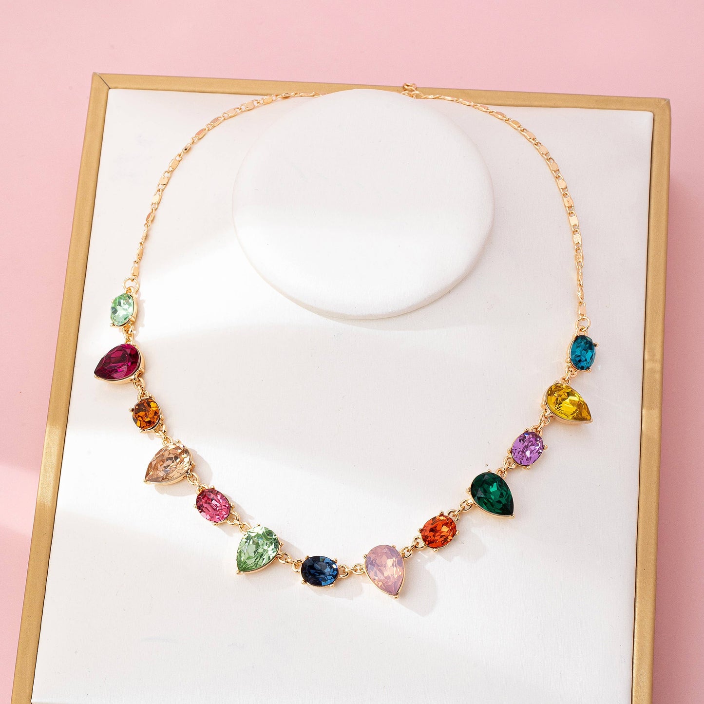 Rainbow Pear Gemstone Dangle Necklace