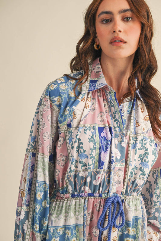 FLORAL PATCHWORK PRINT DRAWSTRING WAIST MIDI DRESS