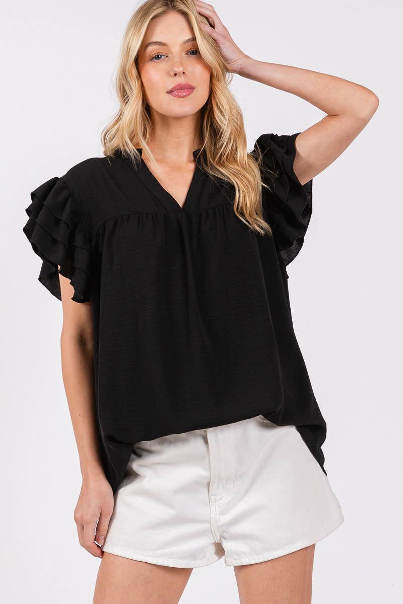 BLACK AIRFLOW RUFFLE SLEEVE BLOUSE