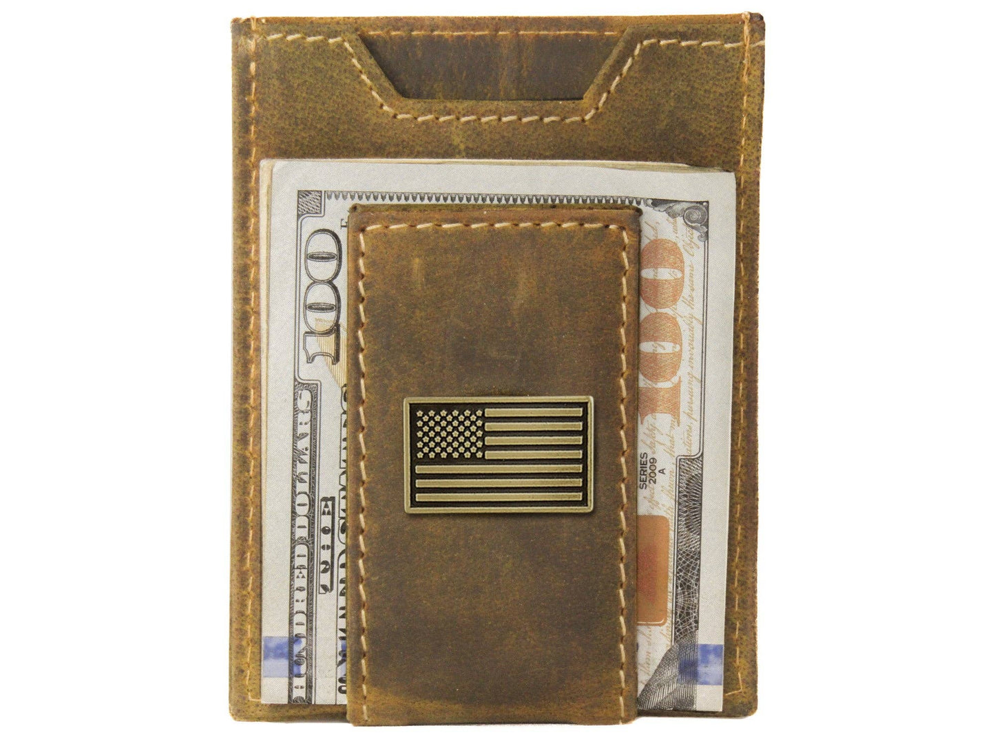 Zep-Pro - American Flag Vintage Tan Leather Magnetic Front Pocket Wallet