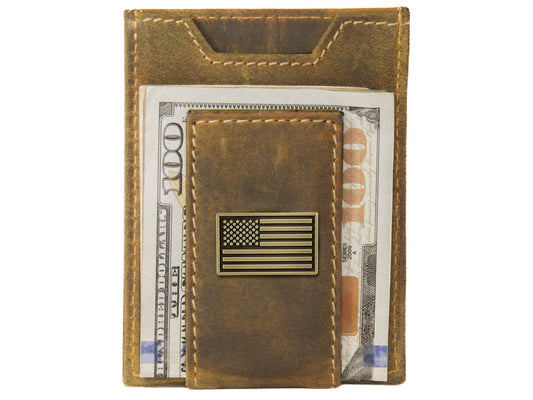 Zep-Pro - American Flag Vintage Tan Leather Magnetic Front Pocket Wallet