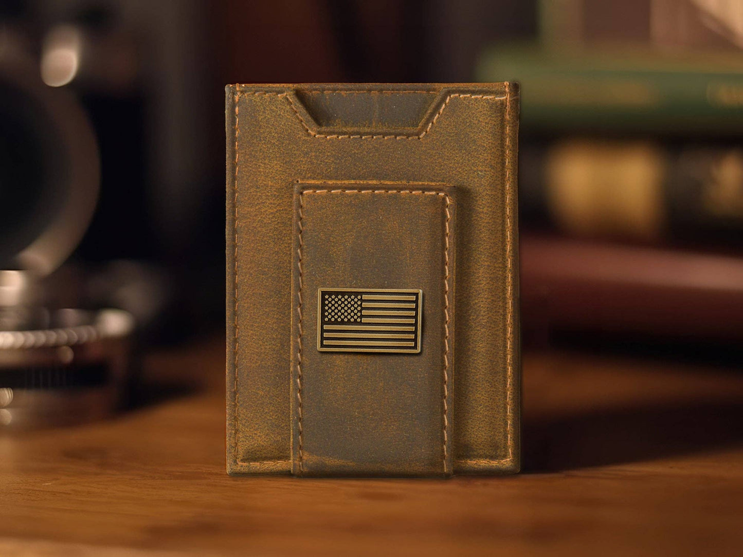 Zep-Pro - American Flag Vintage Tan Leather Magnetic Front Pocket Wallet