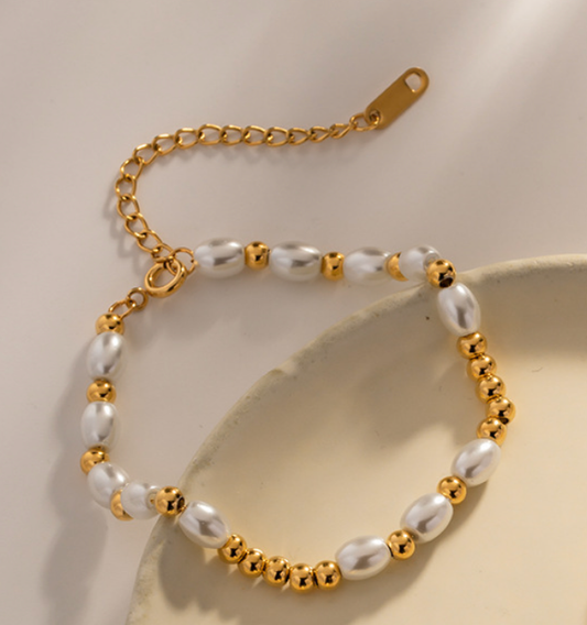 18K Gold Plated Stainless Steel & Faux Pearl Bracelet