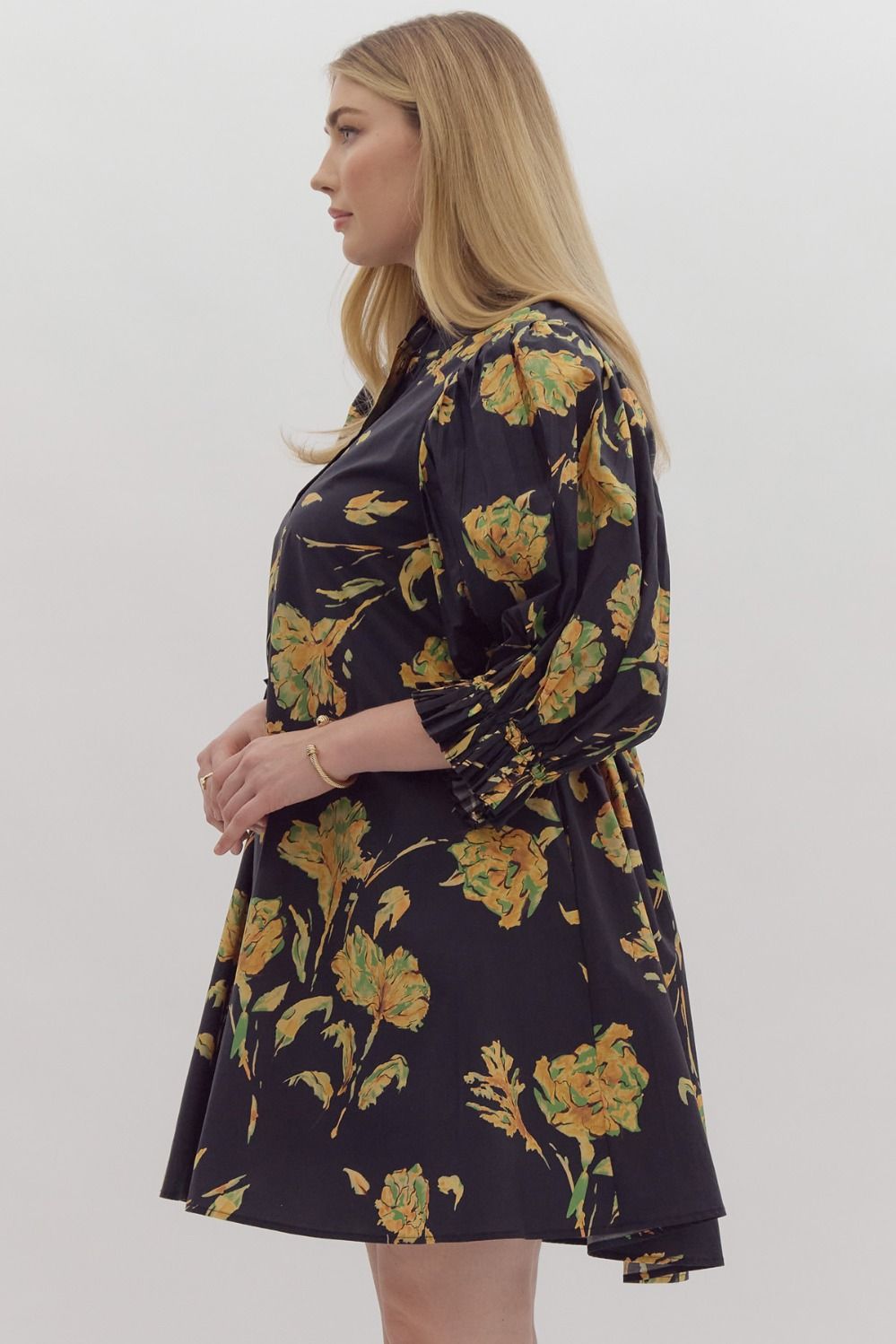 Black floral dress with pleated sleeves