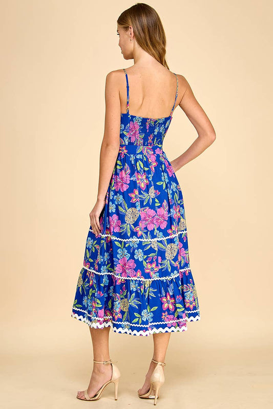 Faux Embroidered Floral Print Ricrac Trim Dress