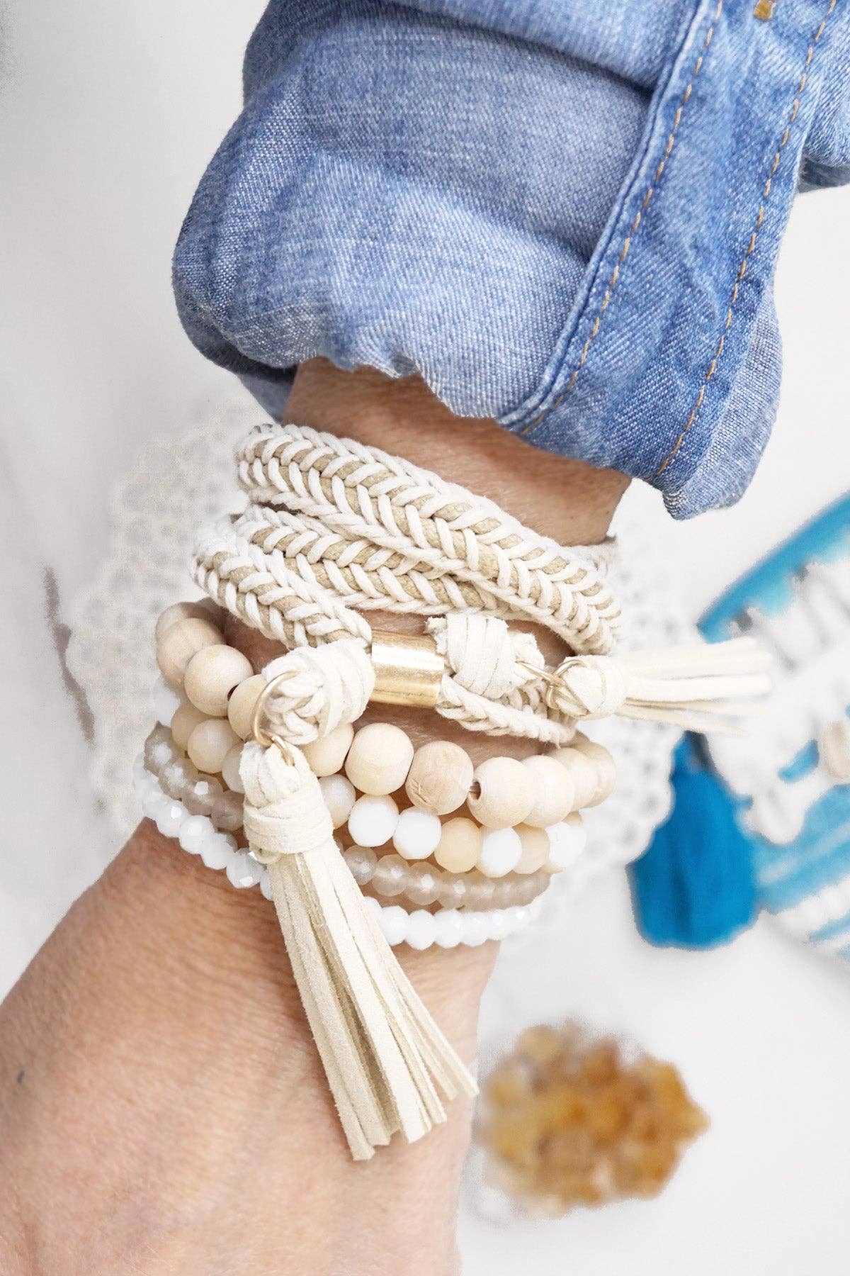 Boho Wrap Tassels and Beads Bracelet Stack in cream