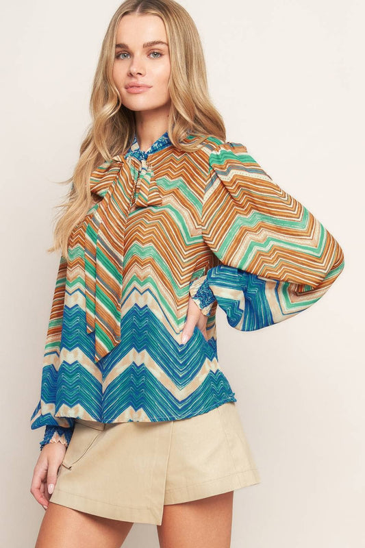 Multi colored top with neck tie