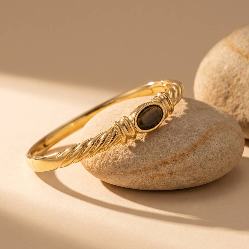 Tiger Eye Rope Twist Hinged Bangle Bracelet