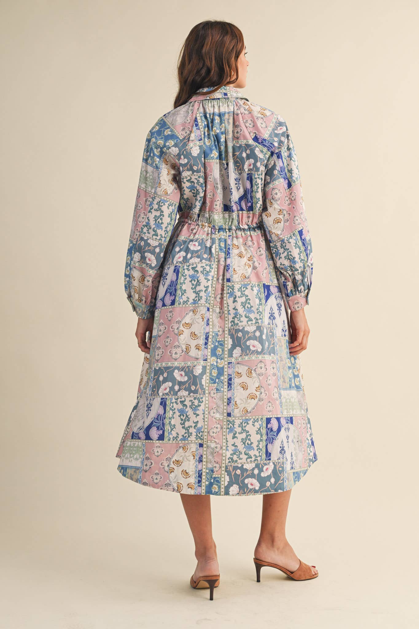 FLORAL PATCHWORK PRINT DRAWSTRING WAIST MIDI DRESS