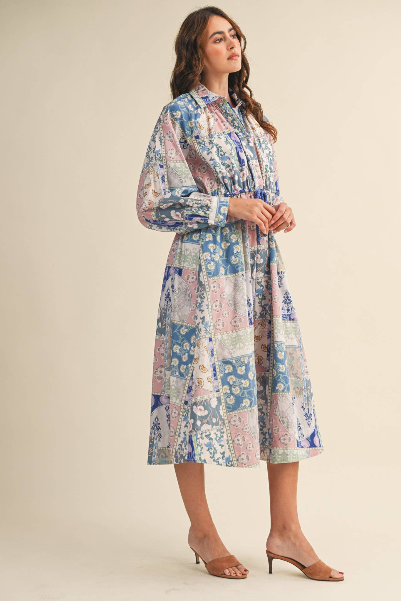 FLORAL PATCHWORK PRINT DRAWSTRING WAIST MIDI DRESS