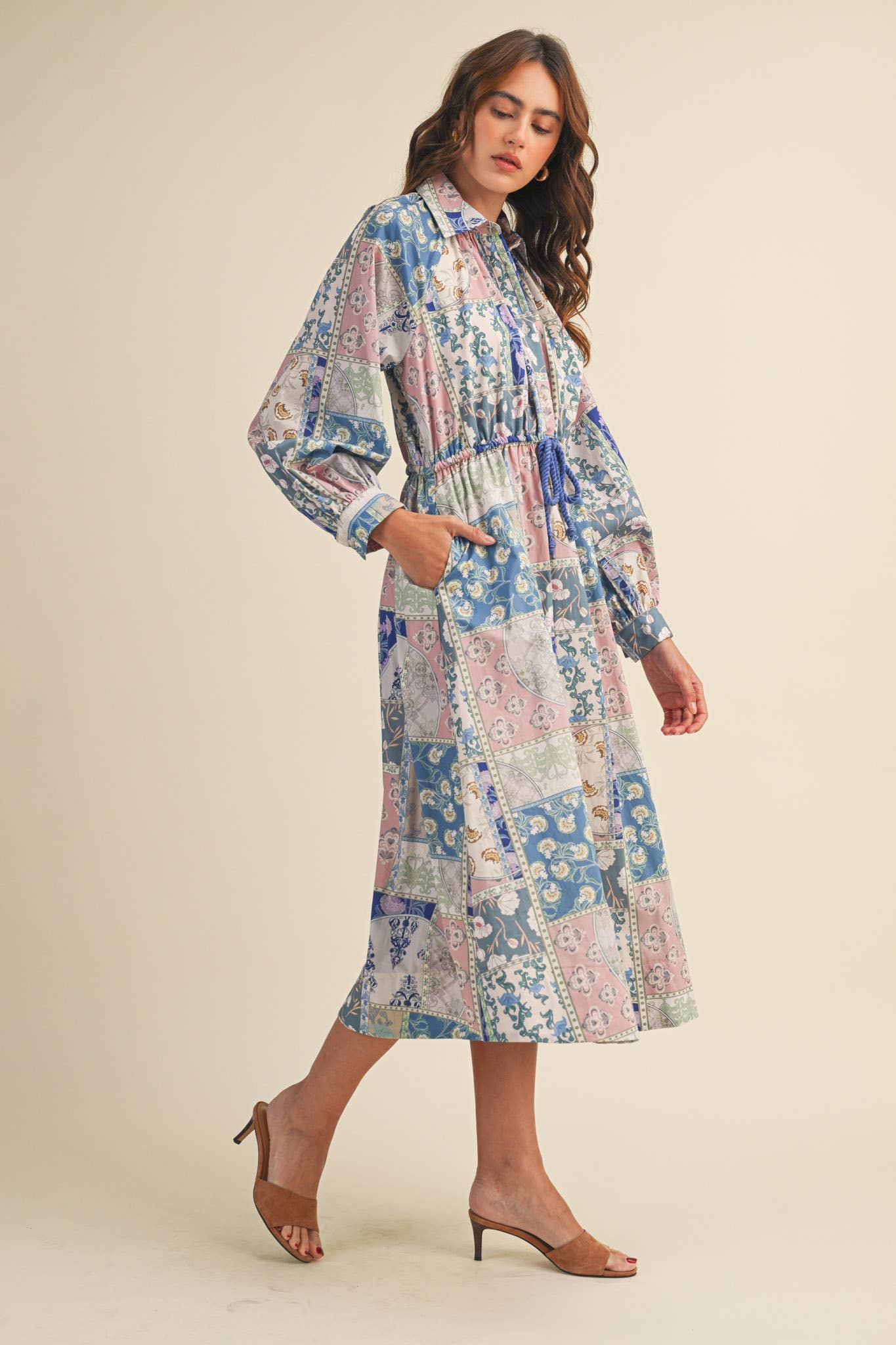FLORAL PATCHWORK PRINT DRAWSTRING WAIST MIDI DRESS
