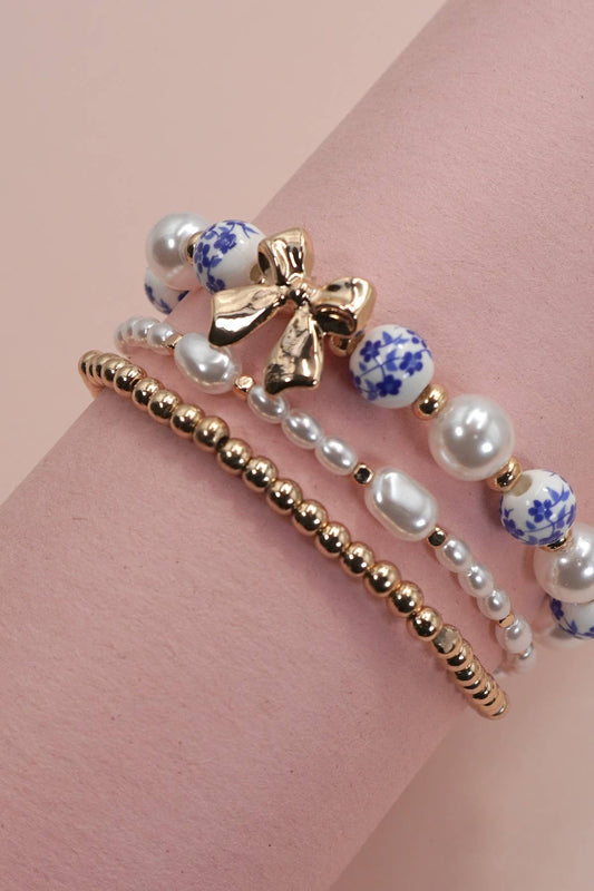 BLUE CERAMIC PORCELAIN BOW MULTI LAYER BRACELET