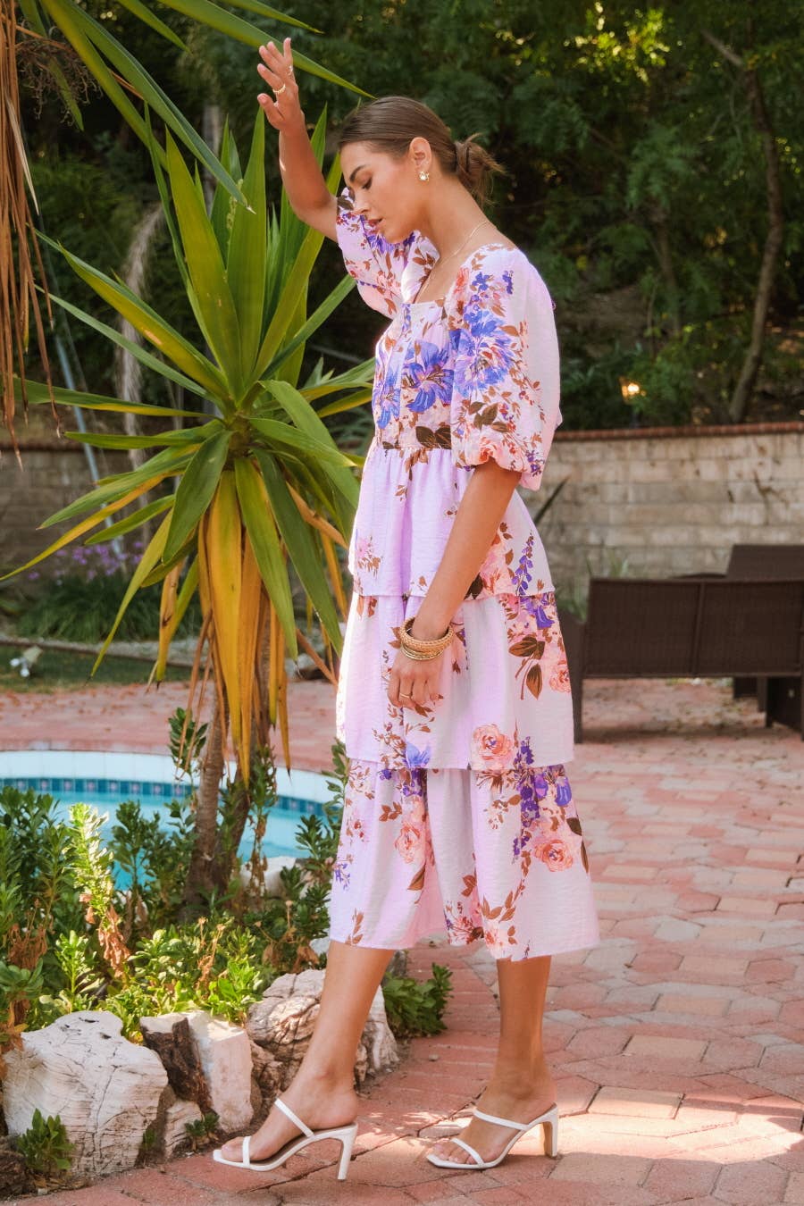 Printed Square Neck Tired Midi Dress
