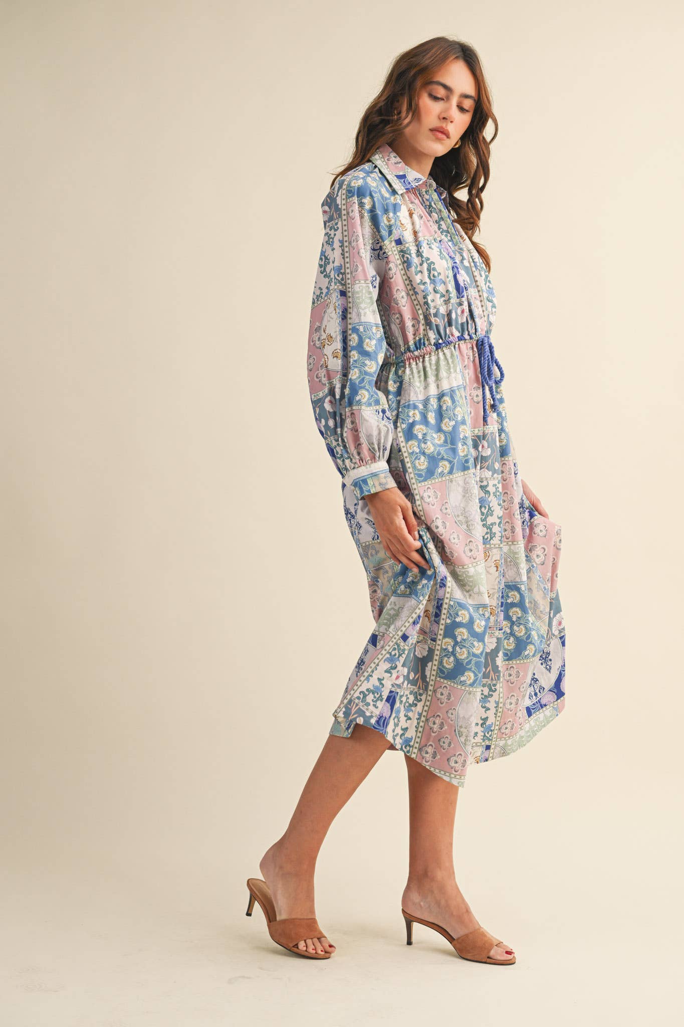 FLORAL PATCHWORK PRINT DRAWSTRING WAIST MIDI DRESS