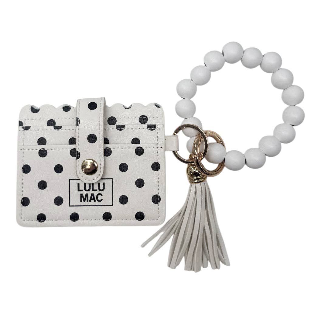 LULU MAC Beaded Wristlet ID Wallet White/Black Dot