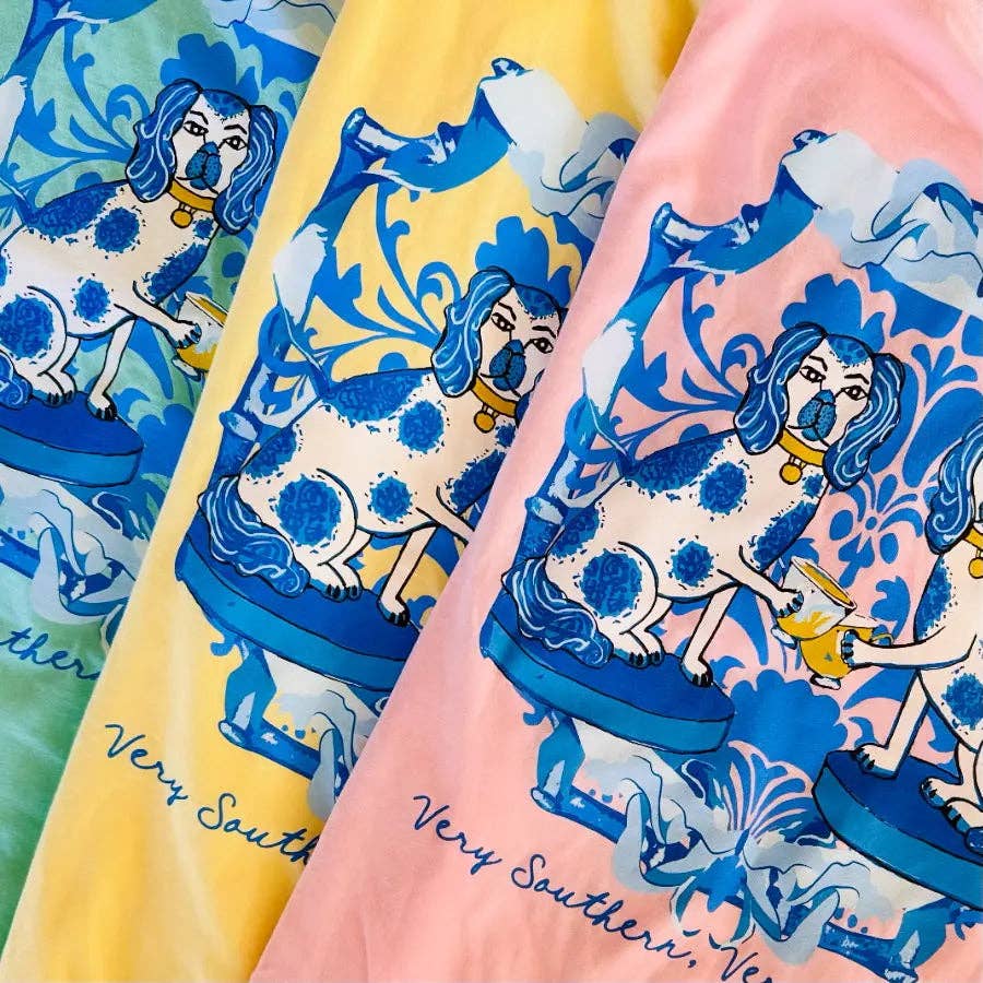 Demure Dogs, Spring Chinoiserie Blue & White Artisan Graphic Tee