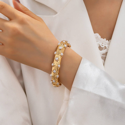 Vintage Style Gold and Pearl Embellished Bangle